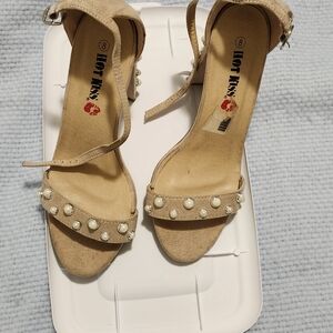Hot Kiss Women's Tan Sandals with Pearl Accents